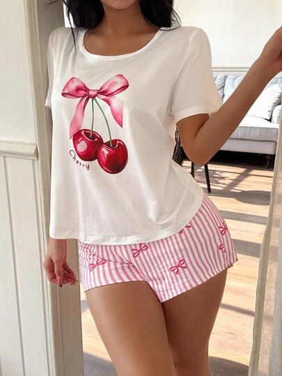 SweetSlumber Bow & Cherry Print Short Sleeve Top With Striped Shorts Women Pajama Set