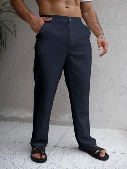 Manfinity Homme Men's Linen Textured Casual Straight Leg Pants, For Fall