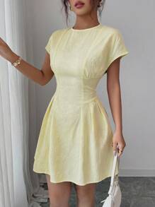Selianne Round Neck, Off-The-Shoulder Sleeves, Waist-Cinching, Pleated, Creamy Yellow, Jacquard Fabric.Italian Dress - Yellow - View 4