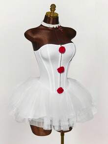 Amplova 女式夏季时尚网眼拼布交叉后背抹胸迷你连衣裙 - 白色 - 查看 4