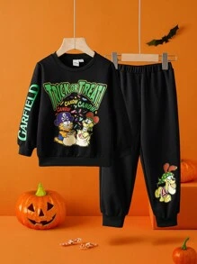 GARFIELD | SHEIN Young Boys' Halloween Cartoon Pattern Knitted Loose Crew Neck Sweatshirt & Sweatpants Set, Autumn/Winter - Black - View 1