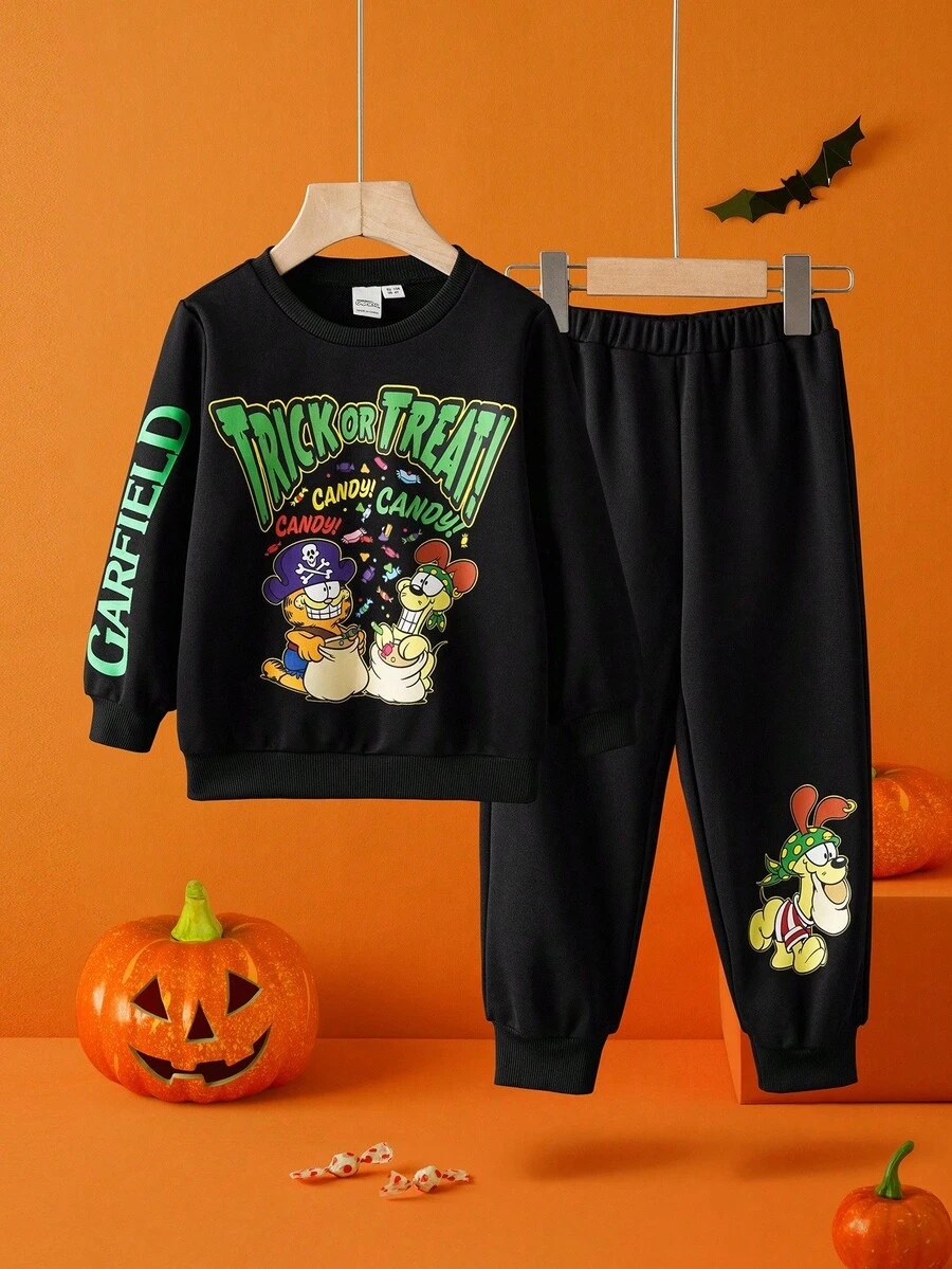 GARFIELD | SHEIN Young Boys' Halloween Cartoon Pattern Knitted Loose Crew Neck Sweatshirt & Sweatpants Set, Autumn/Winter - Black - View 1