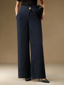 Anewsta Pantalones elegantes de vestir de pierna ancha con pliegues y botones de metal de unicolor para mujer