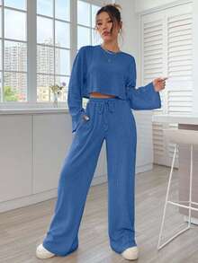 EURMUSE Women's Casual Commuting Simple Solid Color Ribbed Drop Shoulder Loose Flare Sleeve Cropped T-Shirt And Drawstring Waist Straight Leg Pants 2 Pieces Set, Spring/Autumn - Dusty Blue - View 4
