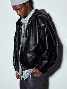 MODCRASH Men's Fashion Loose Short Hooded Pu Leather Jacket, Boxy Clothing, Fall, Streetwear Jacket - Black - View 3