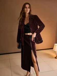 MOTF PREMIUM CONTRAST PU LEATHER THIGH SLIT BELTED SKIRT - Burgundy - View 6