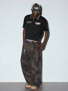 MODCRASH 男士复古豹纹牛仔宽松直筒裤，街头时尚，牛仔裤，秋冬款 - 棕色 - 查看 6