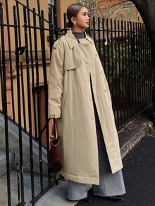 DAZY 女式夹棉大衣，风衣款式，腰部收紧，宽松休闲，都市时尚，秋冬 - 卡其色 - 查看 4