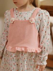 Vintaside Kids 2pcs/Set Toddler Girls Comfortable Casual Knit Floral Decor Vest And Long Sleeve Floral Print Dress Outfit, Suitable For Autumn/Winter Daily Wear Fall - Multicolor - View 6