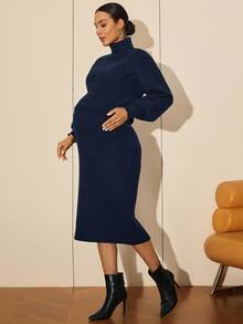 MaterniWear Maternity Work Clothes,Maternity Work Outfits, Maternity Work Knit Dresses ,Office,Business Casual Woman,Fall Clothes,Autumn Clothes,Maternity Autumn Clothes Maternity Maternity Solid Color Turtleneck Knit Dress, Autumn/Winter Maternity Sweater Dress Knit Maternity Dress Ribbed Knit Dress Turtleneck Sweater Dress Midi Sweater Dress - Navy Blue - View 3
