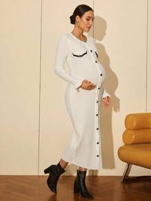 MaterniWear 優雅黑白孕婦鈕扣開襟羅紋針織洋裝，秋季長袖中長洋裝，適合寶寶迎新派對、辦公室工作、商務休閒 - 白色 - 查看 5