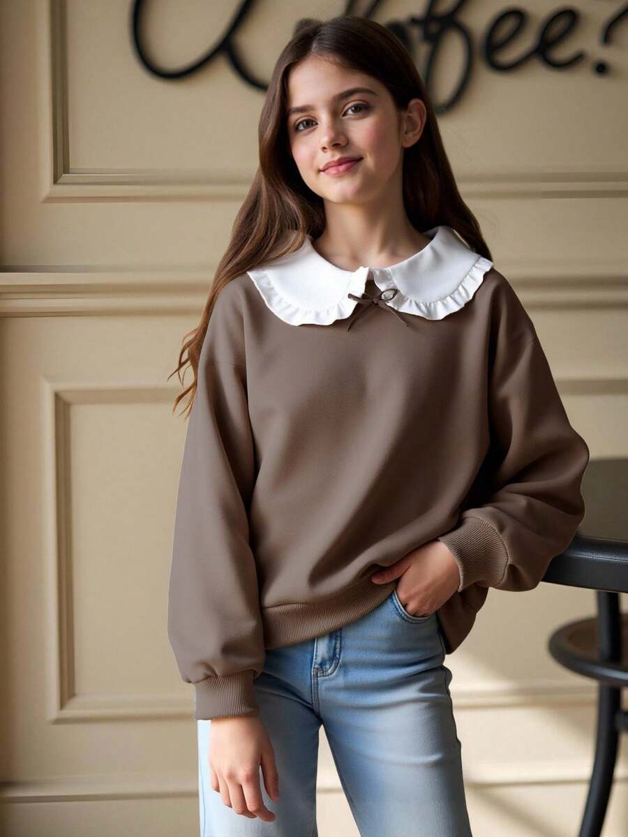 SHEIN Elladie kids 秋冬款少女可爱蝴蝶结彼得潘领羊毛卫衣