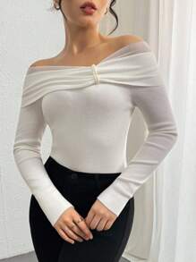DAZY Women's Elegant Patchwork Bow Knitted Sweater, Autumn Off Shoulder Top Cute Tops - Beige - View 3