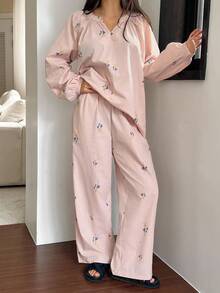 DAZY Floral Print Loose Women Pajama Set, Fall Winter Clothes - Baby Pink - View 3
