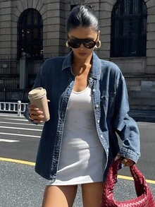 DAZY Light Wash Denim Shirt With Collar, Pockets, Loose Fit Long Sleeve, Spring/Summer/Autumn