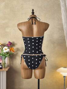 Bellisia Vintage Black & White Polka Dot Ruffled Triangle Cup Bikini Set - Black and White - View 2