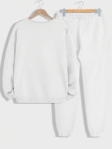 EURMUSE Cotton Men's Plain Solid Color Minimalist Letter Printed Two Pieces Set - Baby Blue - View 2