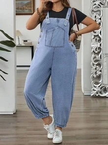SHEIN CURVE+ Quần denim cạp rút dây thường ngày cỡ lớn - Màu xanh lam - Xem 5