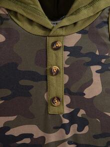 Baby Boy Camouflage Print Button Half Placket Hooded Romper Shorts - Army Green - View 6