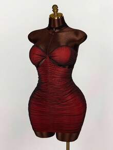 Amplova 大码女式万圣节低胸拼色镂空性感派对连衣裙 - 黑色 - 查看 5