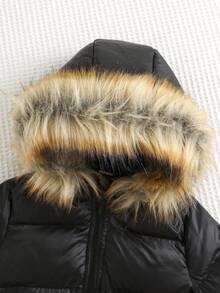 SHEIN 男女通用婴儿幼儿可爱休闲保暖内衬黑色连帽夹克滑雪外套，婴儿冬装 - 彩色 - 查看 8