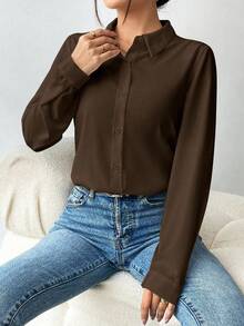 EMERY ROSE Áo sơ mi công sở dài tay màu trơn cài nút phía trước thanh lịch dành cho nữ - màu nâu - Xem 4