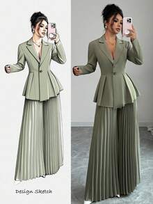 Selianne 2 件套女式长袖西装领收腰 A 字褶喇叭裤套装，绿色，秋冬 - 綠色 - 查看 1