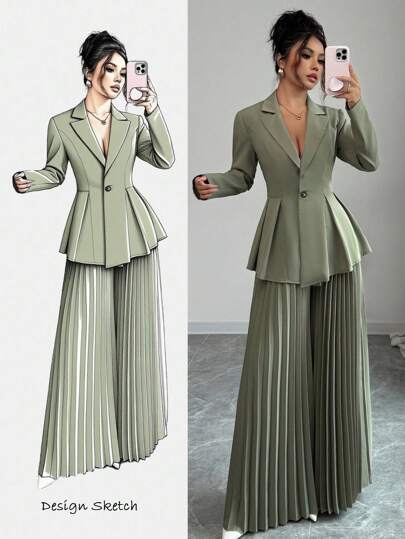 Elenzga 2pcs/Set Women's Long Sleeve Blazer Collar Cinched Waist A-Line Pleated Flare Pants Suit, Green, Autumn/Winter Fall Cloth For Women