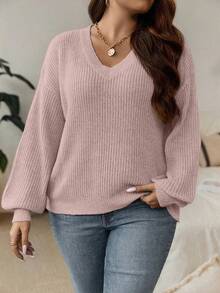 EMERY ROSE Plus Size Women V-Neck Dropped Shoulder Long Sleeve Casual Loose Pullover Sweater, Autumn Fall Winter Cloth For Women - Baby Pink - View 7
