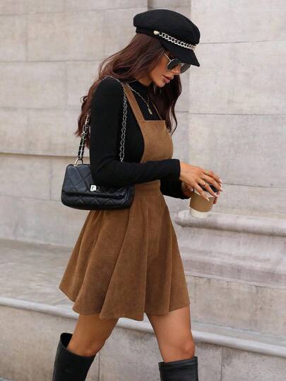 SHEIN PETITE Women's Khaki & Coffee Corduroy Textured Fabric Sleeveless Cinched Waist A-Line Dress With Criss-Cross Back Straps, Thanksgiving, Halloween, Casual Boho Chic Street Style, Autumn/Winter New Arrival, Petite Friendly Short Bib Overall Dress