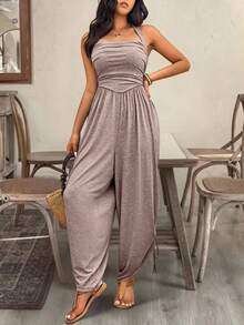 EMERY ROSE Women's Solid Color Pleated Casual Halter Backless Jumpsuit