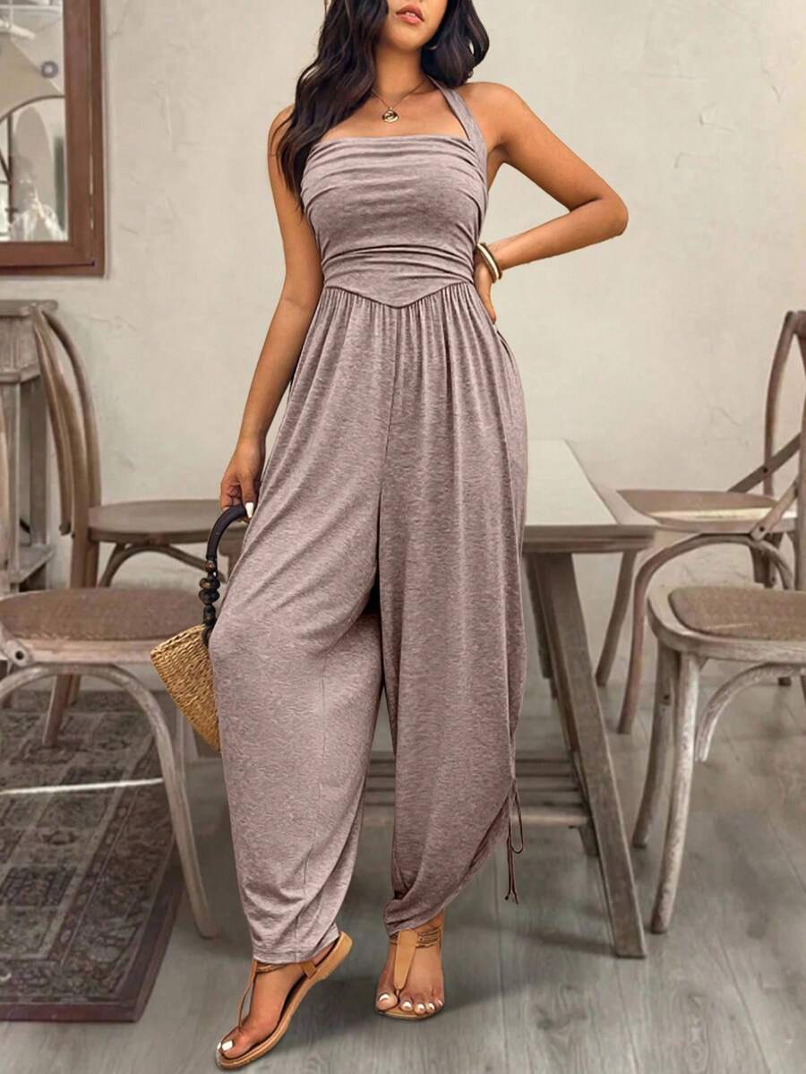 EMERY ROSE Women's Solid Color Pleated Casual Halter Backless Jumpsuit