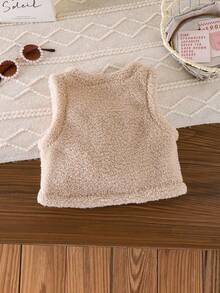 SHEIN Toddler Girls' Cute Khaki Sherpa Sleeveless Jacket With Bow Decor, Comfortable For Autumn/Winter - Khaki - View 2