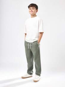 SUMWON Sage Green Linen Blend Pull On Pants For Boys Casual Drawstring Waist Straight Leg Summer Bottoms With Side Pockets Everyday Comfort Wear Fall Winter - Dark Grey - View 3