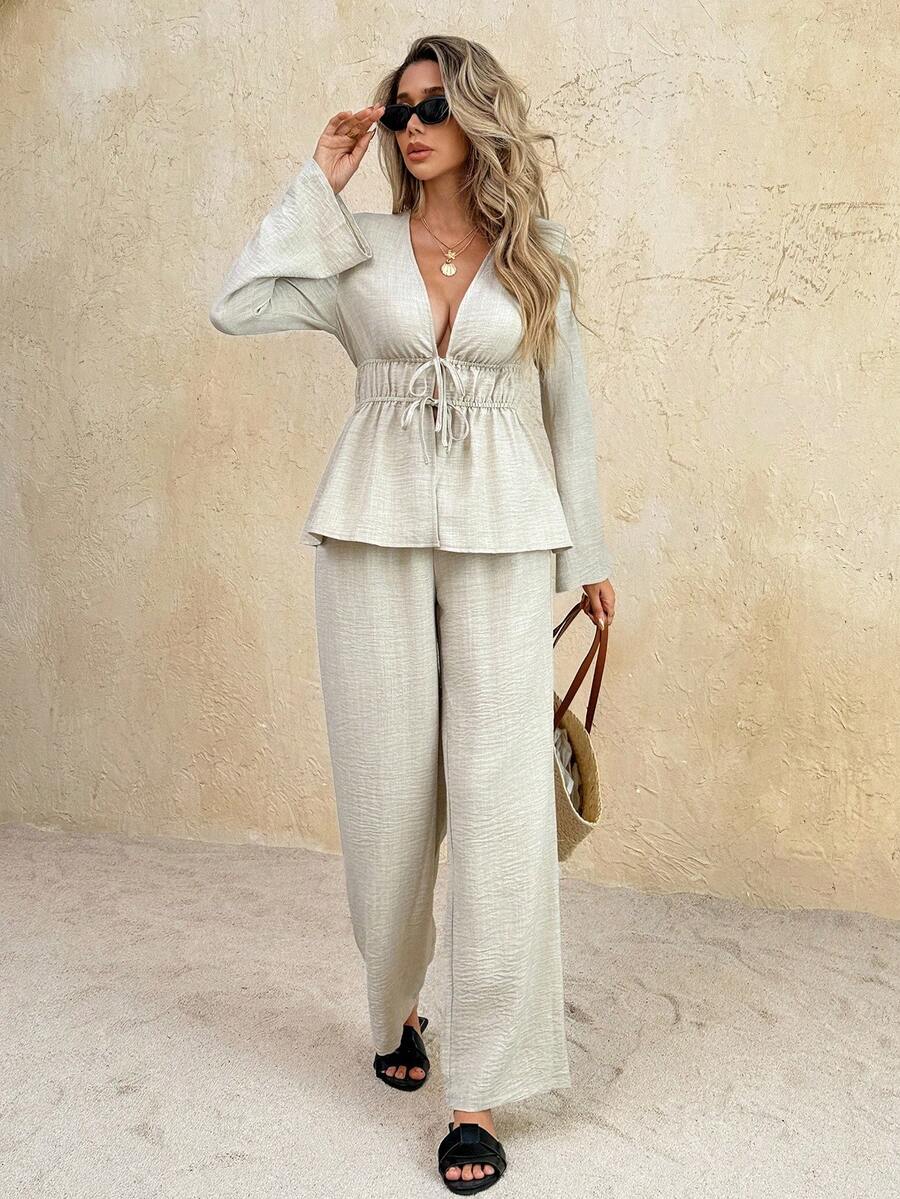 SHEIN Frenchy 2pcs Women Deep V-Neck Ruched Waist Tie Front Long Sleeve Shirt And Pants Set,Fall Winter - Apricot - View 1
