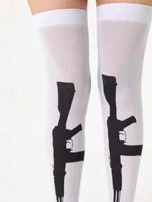 ROMWE Grunge Punk 1 par de medias altas hasta el muslo con patrón de ametralladora de roca oscura - Blanco - Ver 2