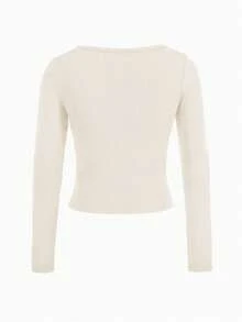 SHEIN EZwear 女款休閒極簡圓領亞麻色修身長袖打底 T 恤，適合秋冬 - 杏色 - 查看 3