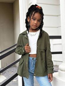 SHEIN 秋冬季青少年女孩休闲军绿色宽松连帽抽绳可调节腰部派克大衣 - 軍綠色 - 查看 10