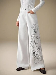 Selenza 女士休闲通勤花卉刺绣宽松阔腿牛仔裤 - 白色 - 查看 8