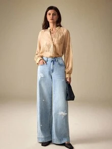 SHEIN Frenchy Damen Lässig Everyday Verwaschen Schrägtasche Destroyed Gerade Bein Jeans - Blau - Übersicht 7