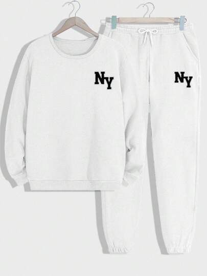 RueChic Cotton Men's Plain Solid Color Minimalist Letter Printed Two Pieces Set