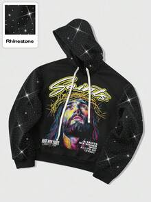 ROMWE MEN Street Life Unisex Jesus Graphic Rhinestone Embellished Hoodie, Casual Everyday Wear, Autumn/Winter