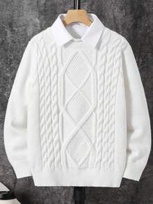 SHEIN 1 Piece Tween Boy Casual Sports College Art Retro Round Neck Sweater With Thick Twist Texture Suitable For Kids Outfits Toddler Boy Clothes Back To School Boys Set Suitable For Birthday Parties, Evening Parties, Performances, Weddings, Baptisms, Opening Ceremonies Daily Suitable For Daily Use Suitable For School Suitable For Travel Suitable For Sports Suitable For Autumn And Winter Winter Tops White Sweaters Winter Clothes Boys First Day Of School Kids Boy Fall