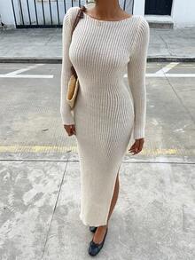 SHEIN Unity Sexy Versatile Open Back Bow Knit Sweater Dress Fall Winter Cloth For Women - Apricot - View 5