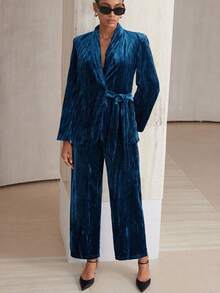 Aveloria Modichic Vintage Business Casual Velvet Texture Collar Side Tie Suit Set - Blue - View 5