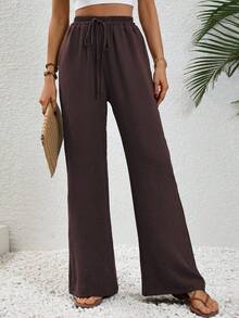 SHEIN Tall Women's Khaki Casual Vacation Style Elastic Waist Drawstring Straight Leg Pants Fall Cloth For Women - Coffee Brown - View 3
