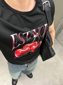 SWAVVY 男士休闲樱桃字母印花短袖T恤，夏季