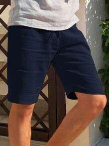Manfinity Homme Men's Solid Color Waist Tie Pocket Casual Drawstring Versatile Shorts, Linen Navy Blue Shorts