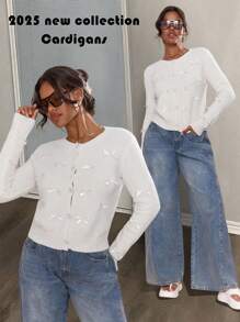 Slaydiva Women's Bow Knit Sweater, New Design Sense Round Neck Elegant Cardigan Outerwear For Autumn