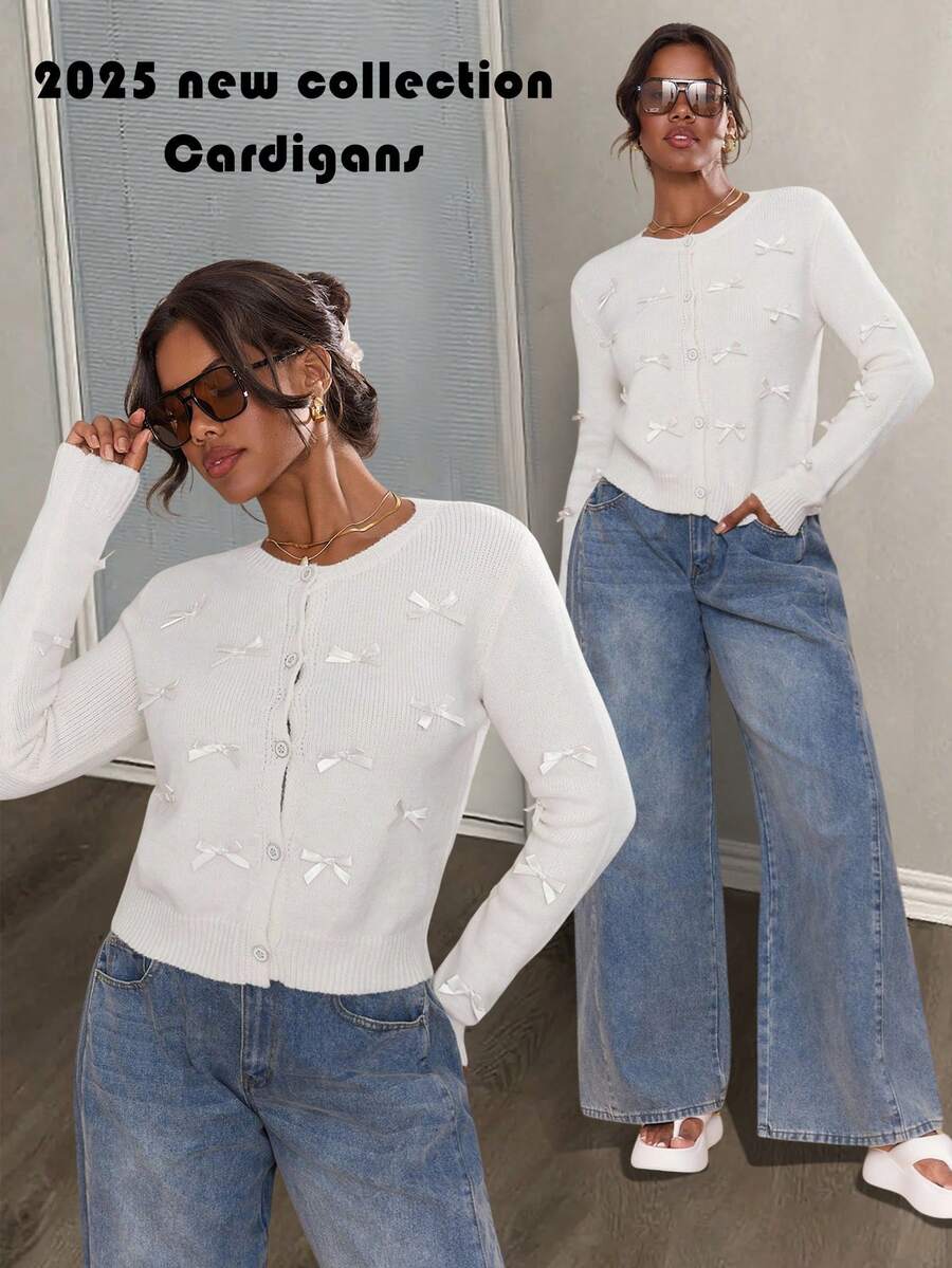 Slaydiva Women's Bow Knit Sweater, New Design Sense Round Neck Elegant Cardigan Outerwear For Autumn